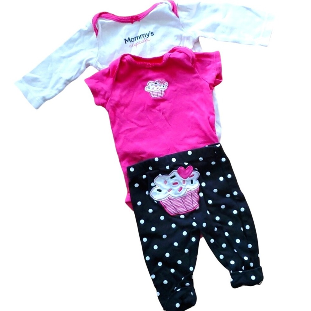 Carters Girls Cupcake 3 Piece Outfit- 2 Onesies and‎ Pants set 3M